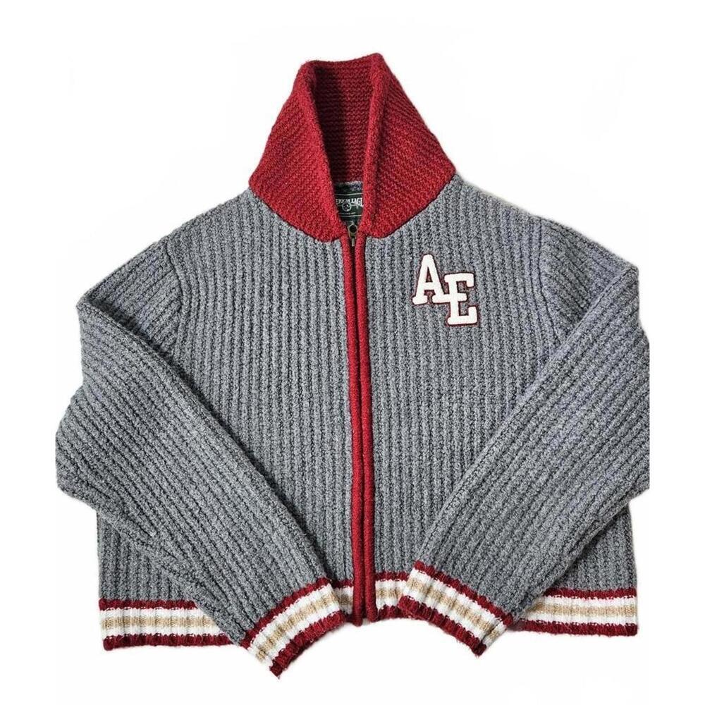 American Eagle Outfitters Women's Grey & Red Ribbed Full Zip Sweater XL